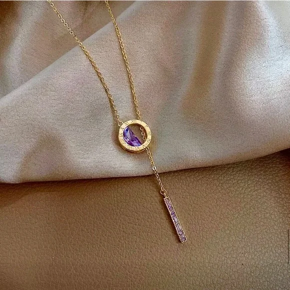 🆕 Stunning 18k Amethyst Roman Numeral Engraved Barrel Lariat Necklace NWT - Picture 9 of 14